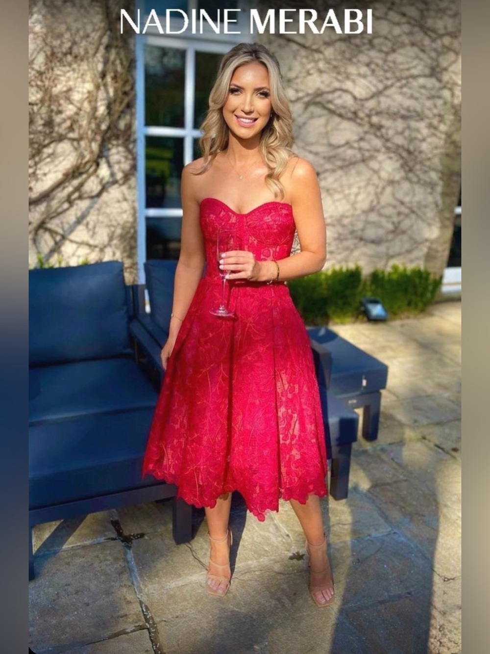 Nadine Merabi Olivia Cherry Red Strapless Lace A-Line Dress